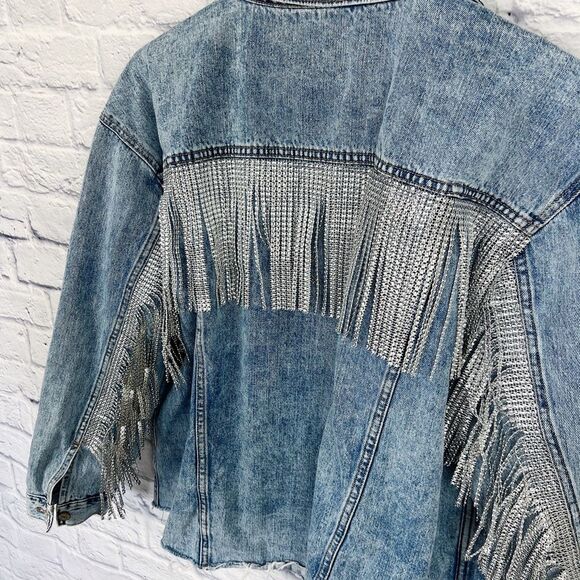 Rhinestone Fringe Jean Jacket Handmade Cowgirl Ranch Bride XL - Picture 6 of 8